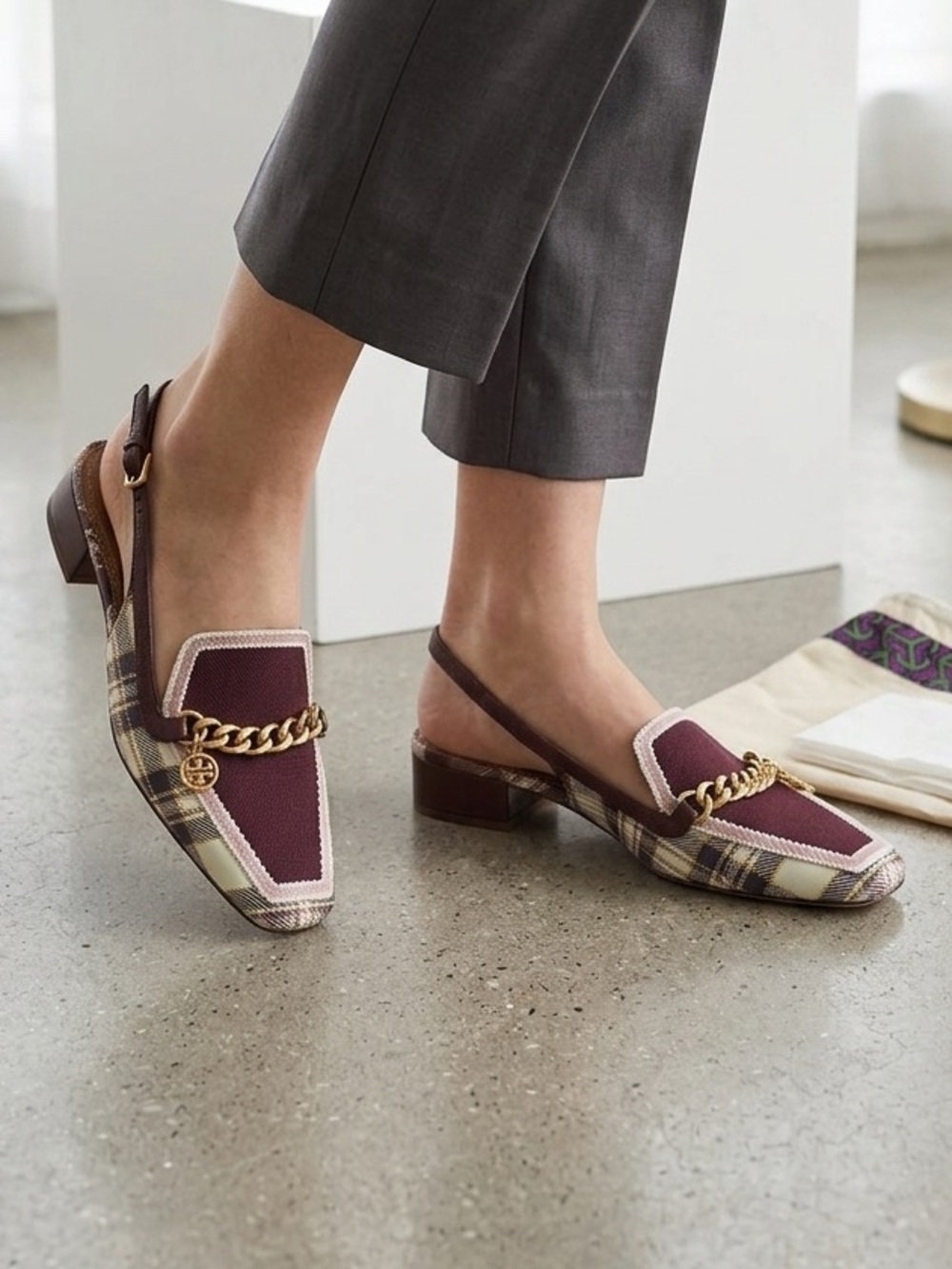 Tory Burch Mini Benton Charm Slingback Loafers Size 10.5 Plaid Burgundy